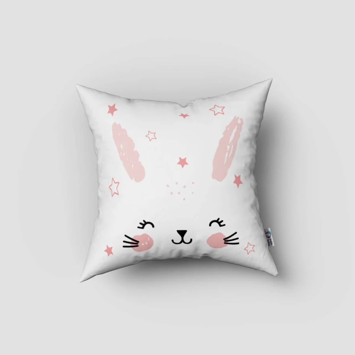 Tavşan Kırlent Kılıfı | Beyaz pembe ve çerçeveli yıldızlar Desenli