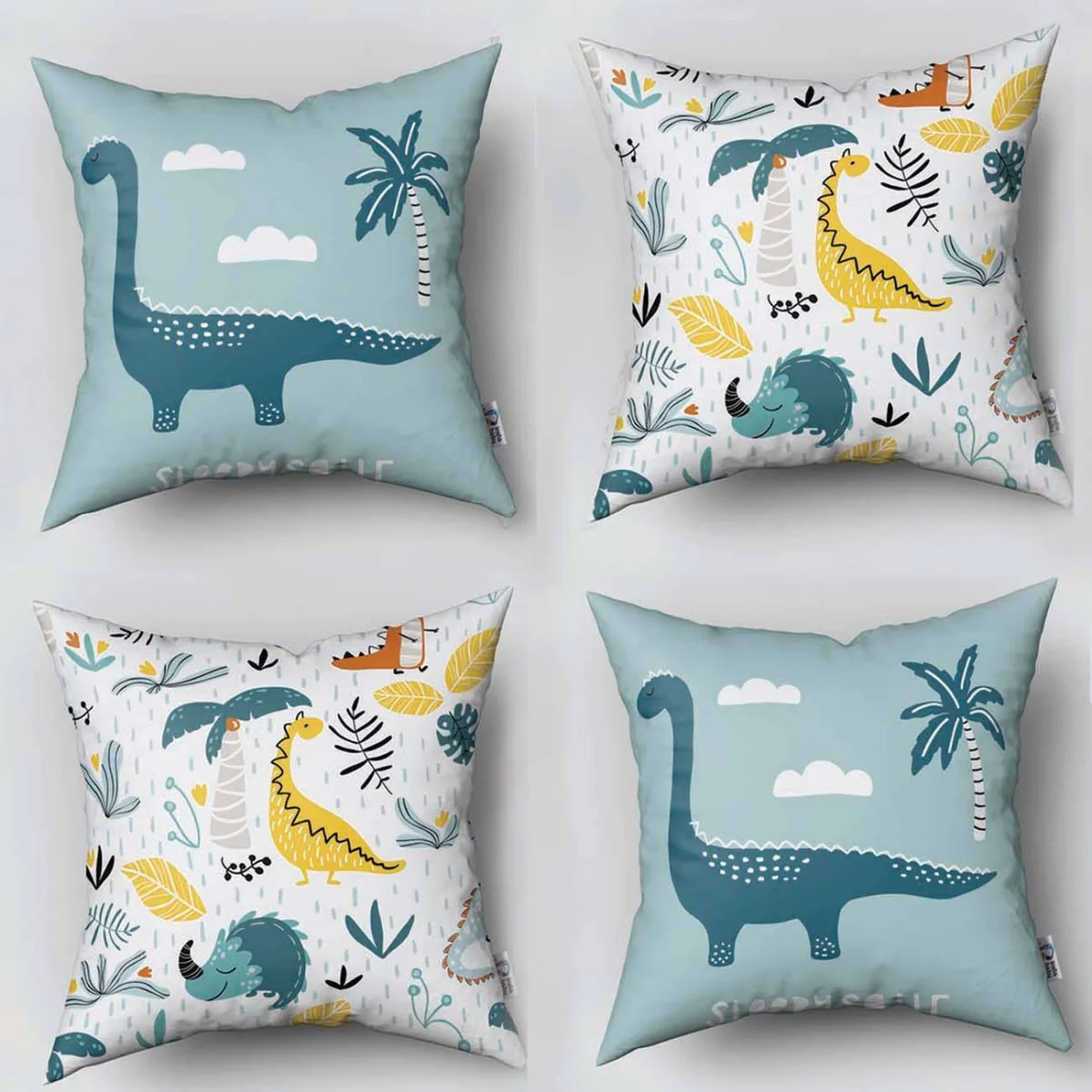 Dinozorlar 4lü Kırlent | Açık Mavi Bulutlar, palmiye ağaçları ve yapraklar Desenli