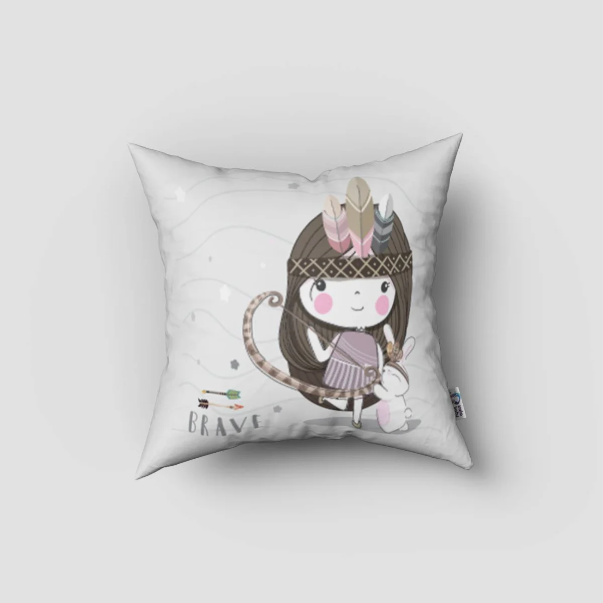 Yerli kız ve tavşan Kırlent Kılıfı | Beyaz yıldızlar, dalgalı çizgiler Desenli