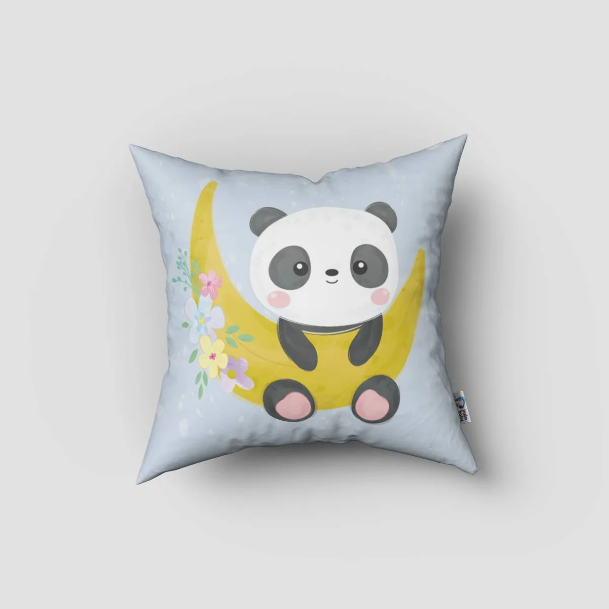 Panda, Ay Kırlent Kılıfı | Mavi yıldız, çiçekler Desenli