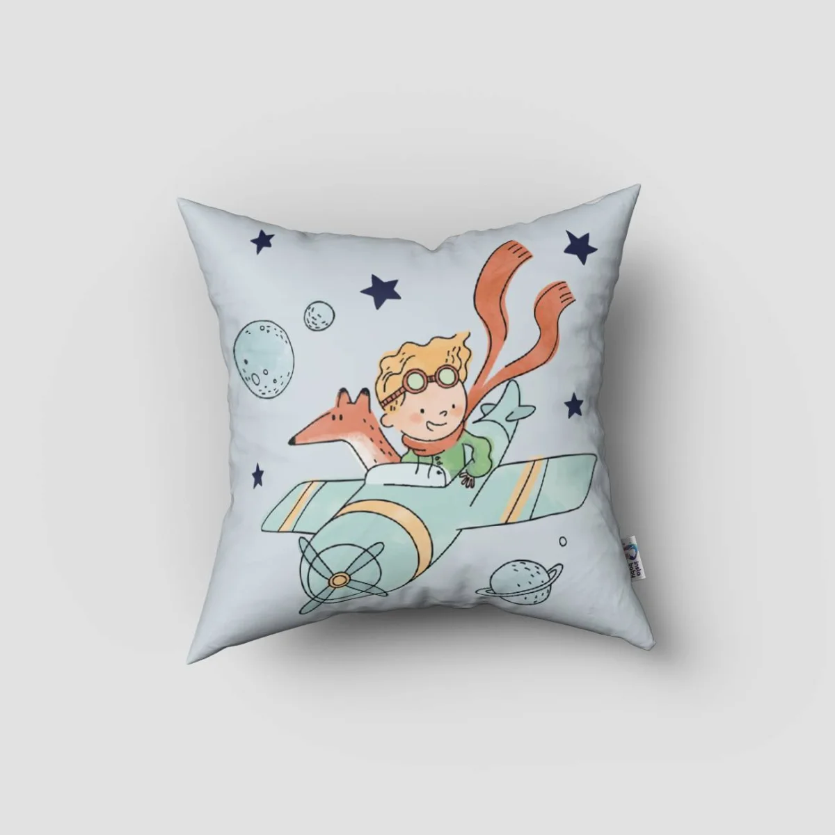 Uzay, Küçük Prens ve tilki Kırlent Kılıfı | Mavi yıldızlar, gezegenler Desenli