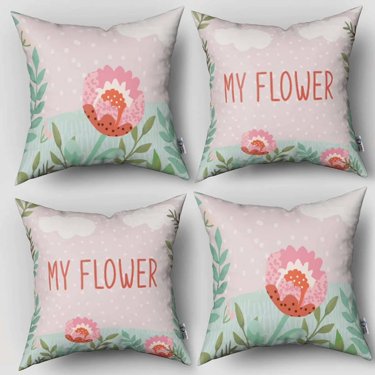 Çiçekli Bahçe 4lü Kırlent | Pembe beyaz bulutlar, puantiye Desenli