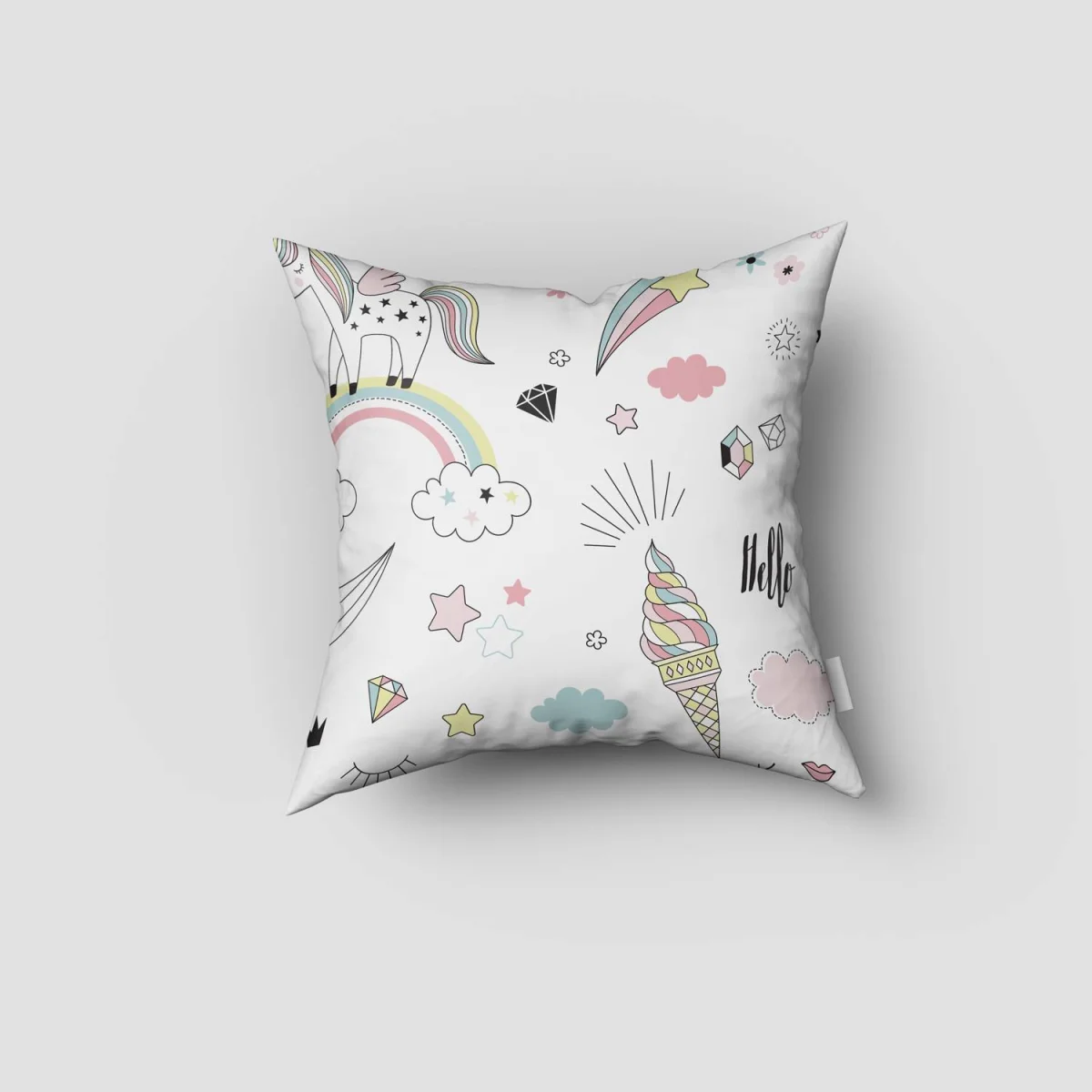 Unicorn Kırlent Kılıfı | Beyaz yıldız, bulut Desenli