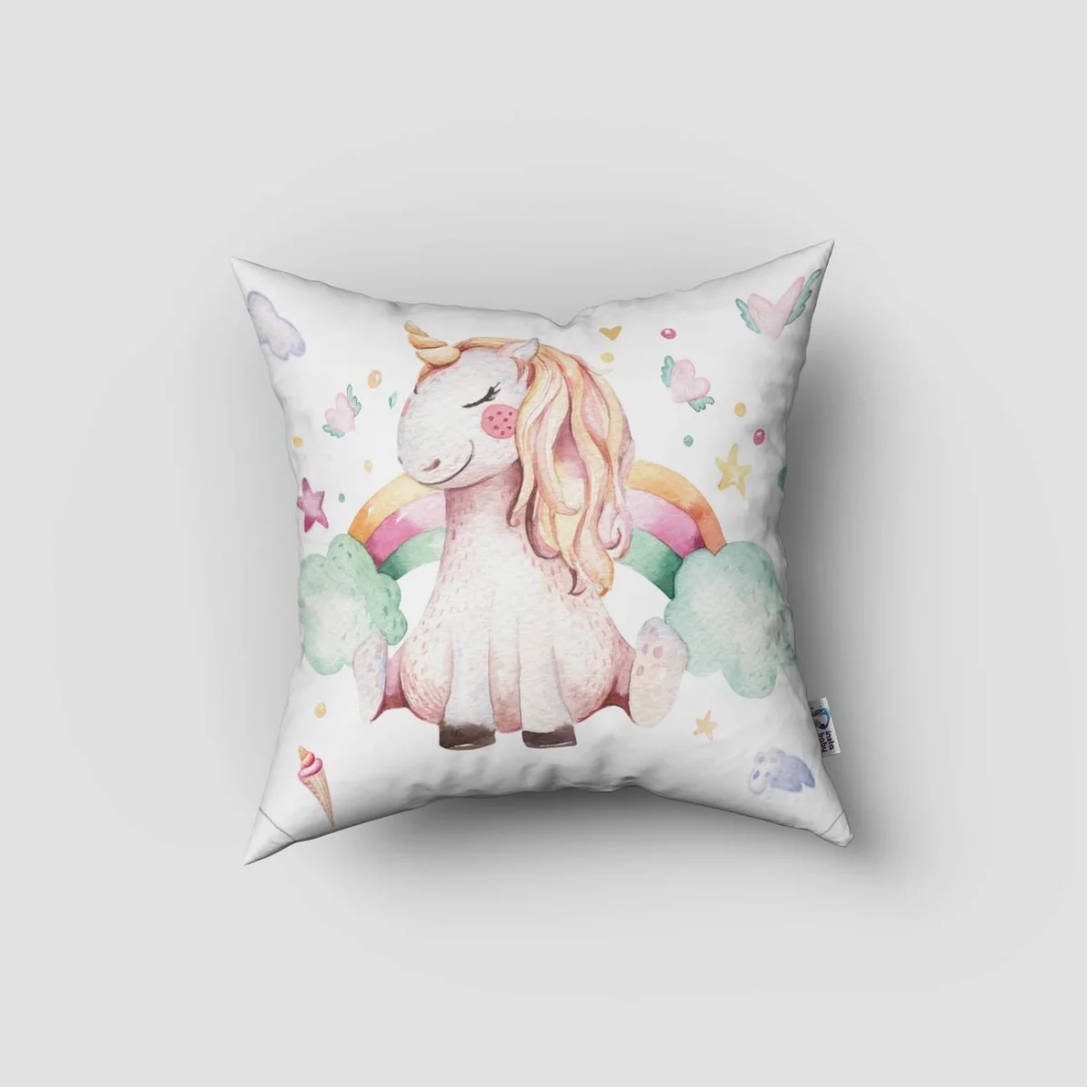 Unicorn Kırlent Kılıfı | Beyaz balon, yıldız Desenli