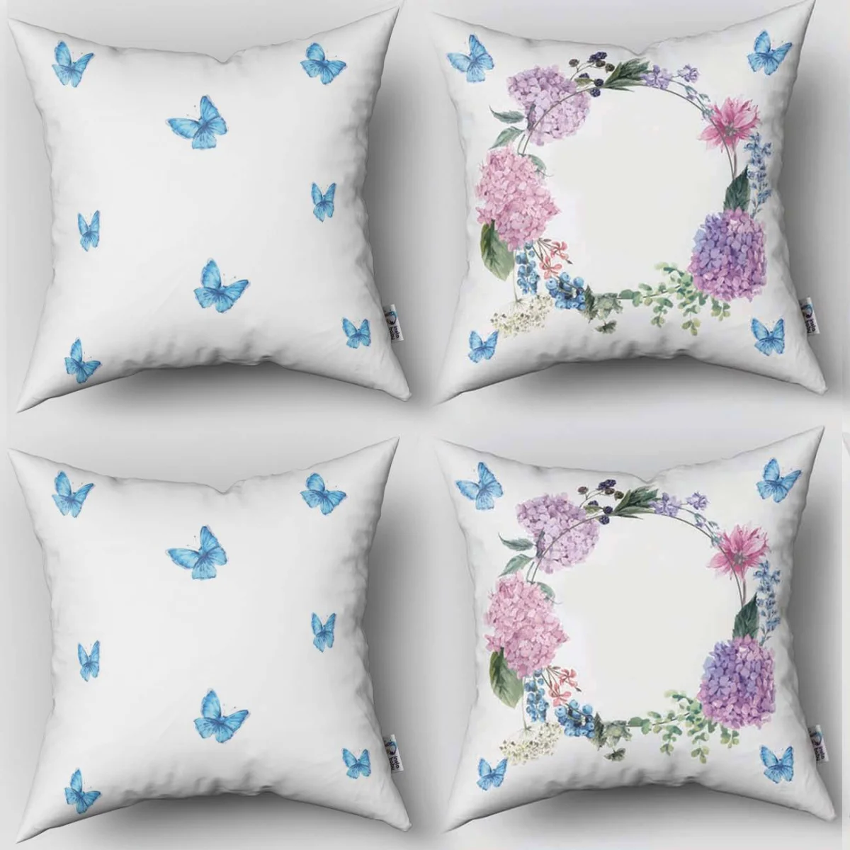 Çiçekler 4lü Kırlent | Beyaz Çiçekler, kelebekler Desenli