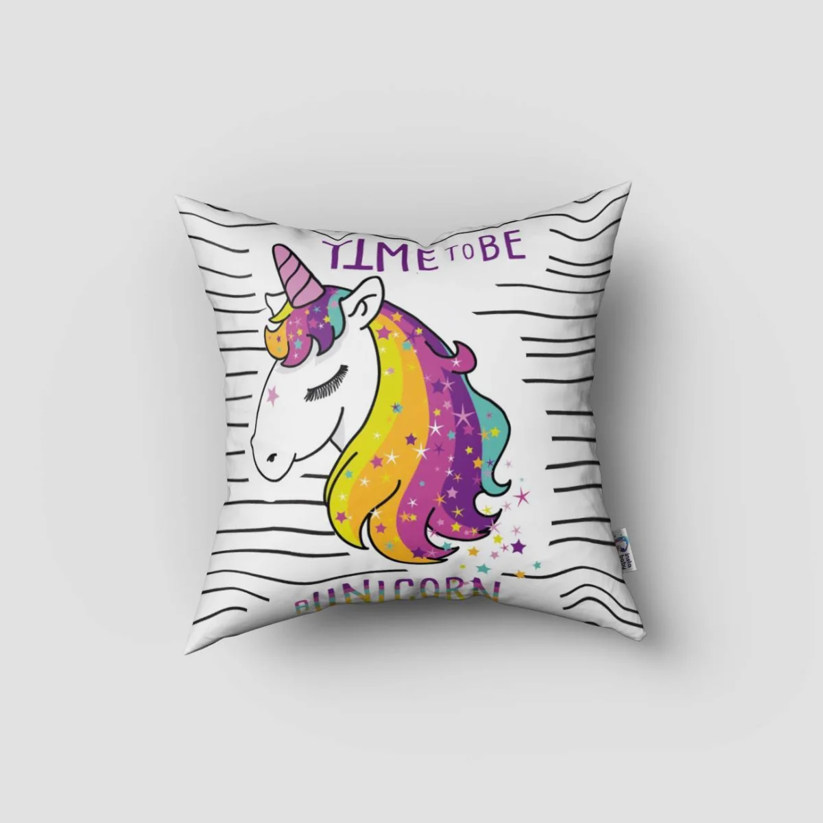 Unicorn Kırlent Kılıfı | Beyaz Yatay çizgiler, yıldızlar Desenli