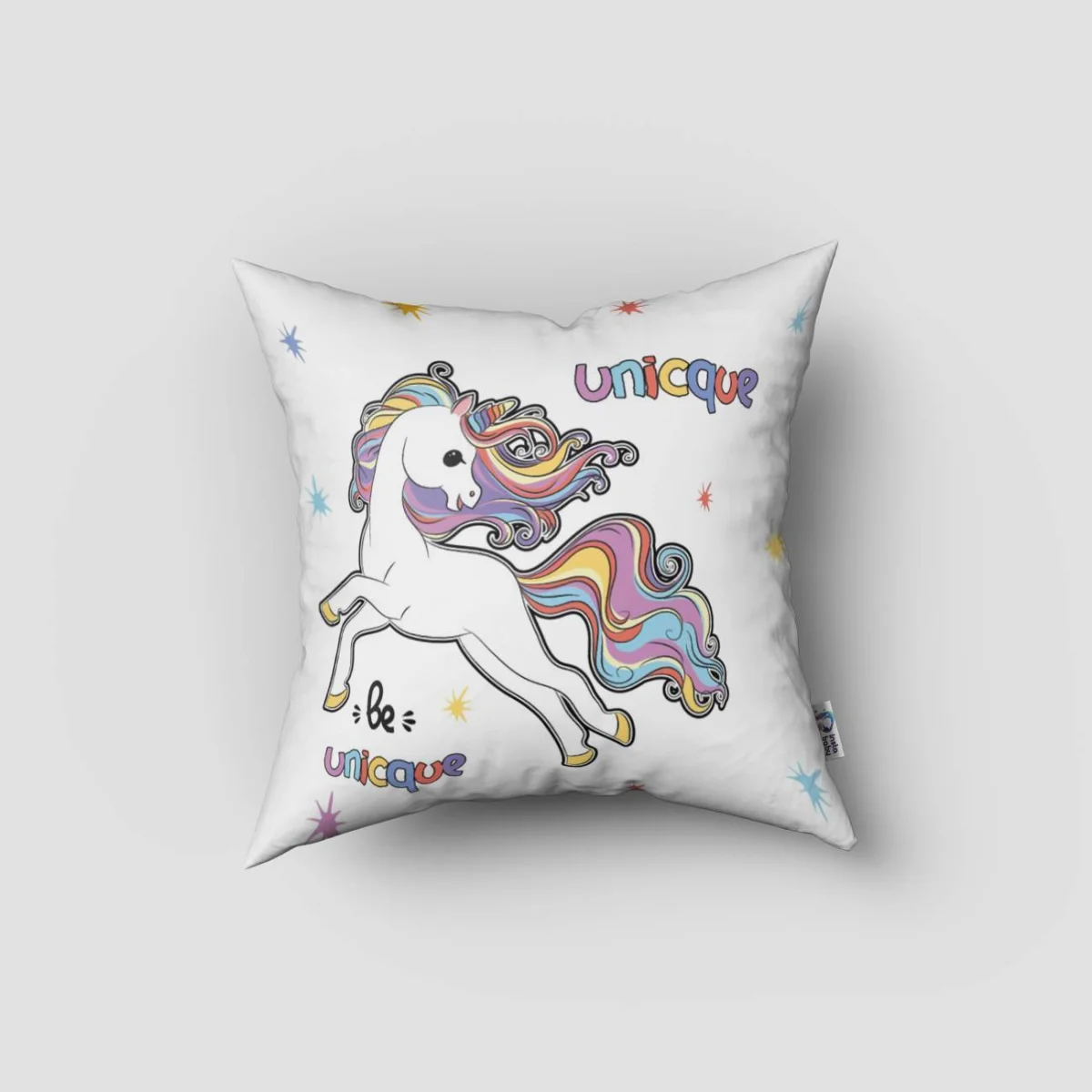 Unicorn Kırlent Kılıfı | Beyaz yıldızlar, gökkuşağı Desenli