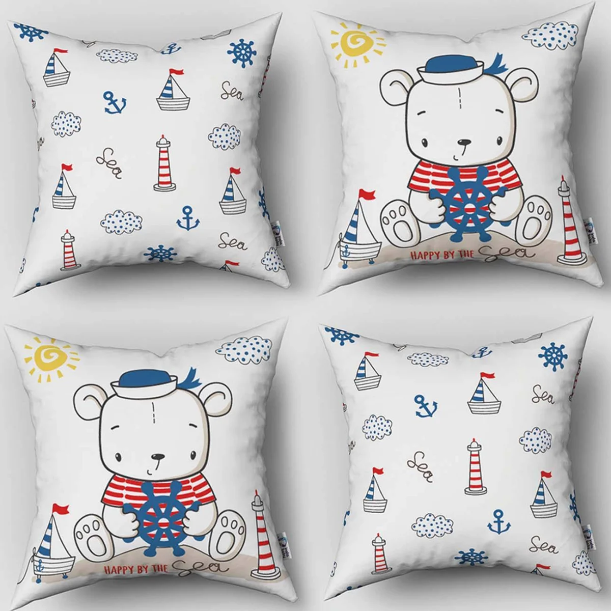 Denizci Ayı 4lü Kırlent | Beyaz balık, yıldız Desenli