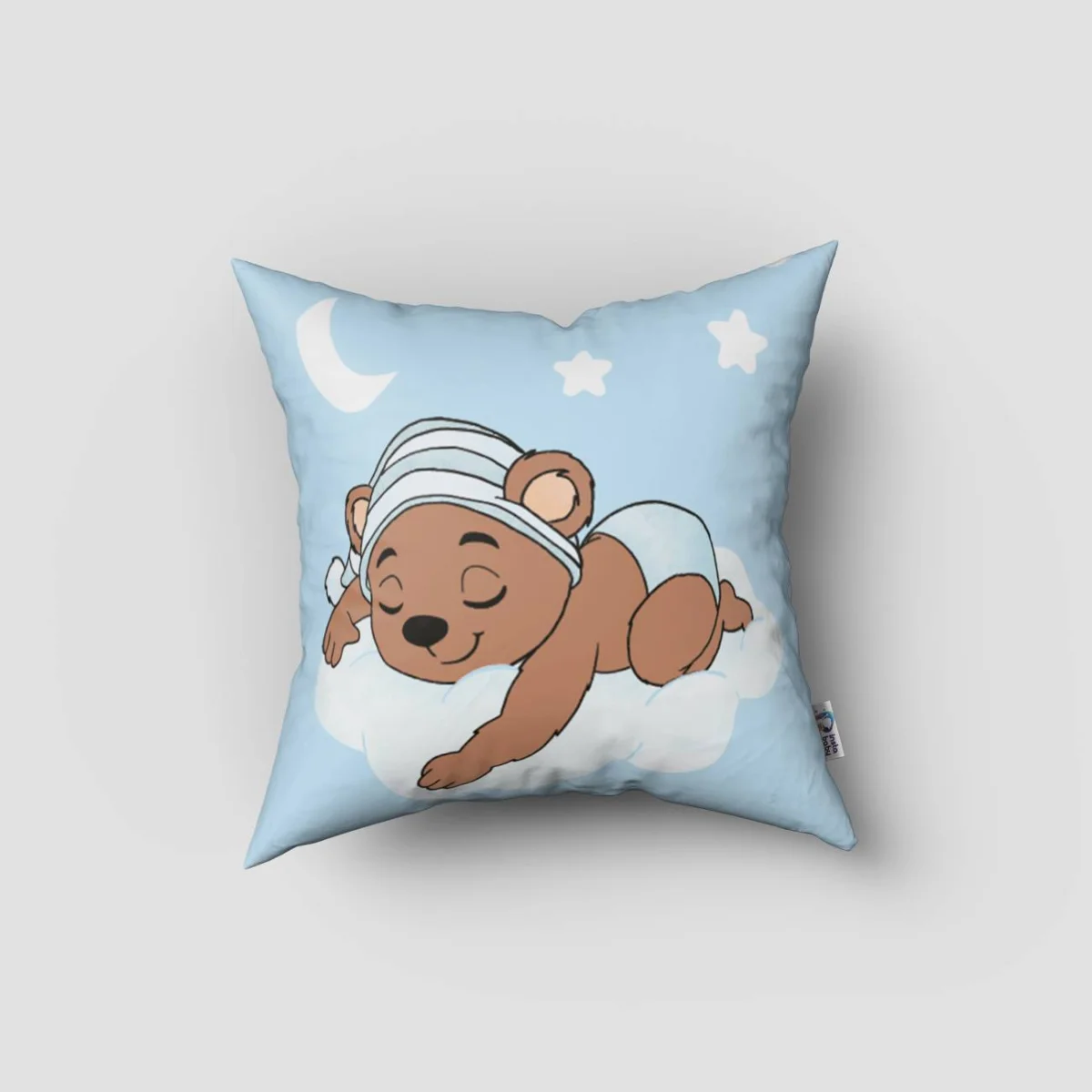 Ayıcık Kırlent Kılıfı | Mavi yıldızlar, bulut Desenli