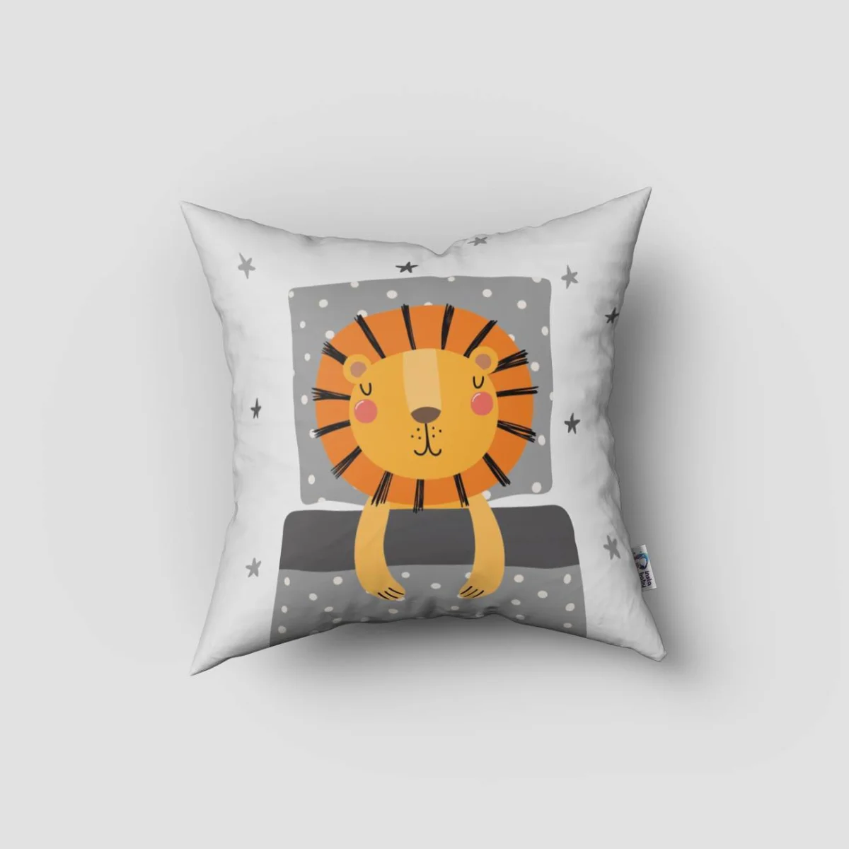 Aslan, Orman Hayvanları Kırlent Kılıfı | Gri, Beyaz yıldız, ay Desenli