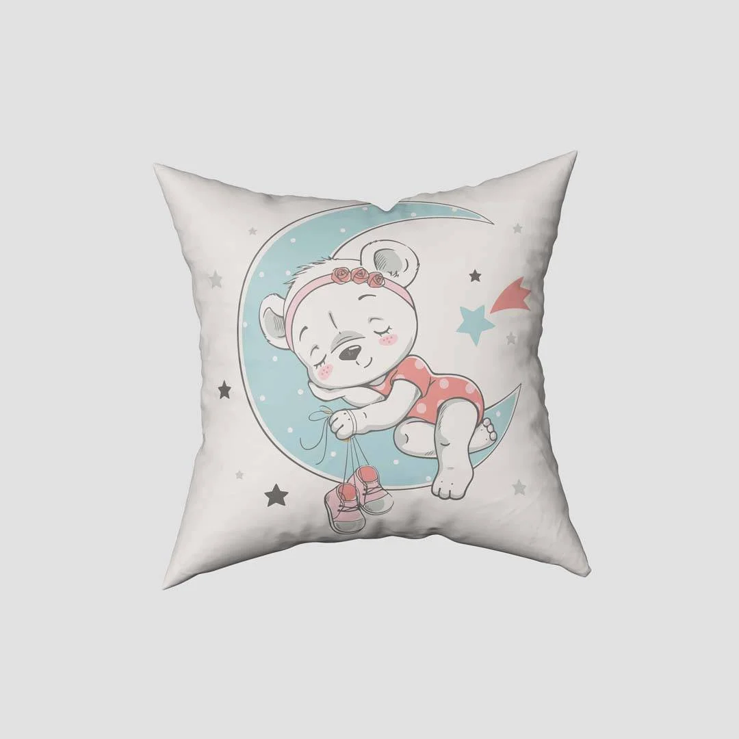 Uyuyan ayıcık, ay Kırlent Kılıfı | Beyaz Yıldızlar, kayan yıldız Desenli