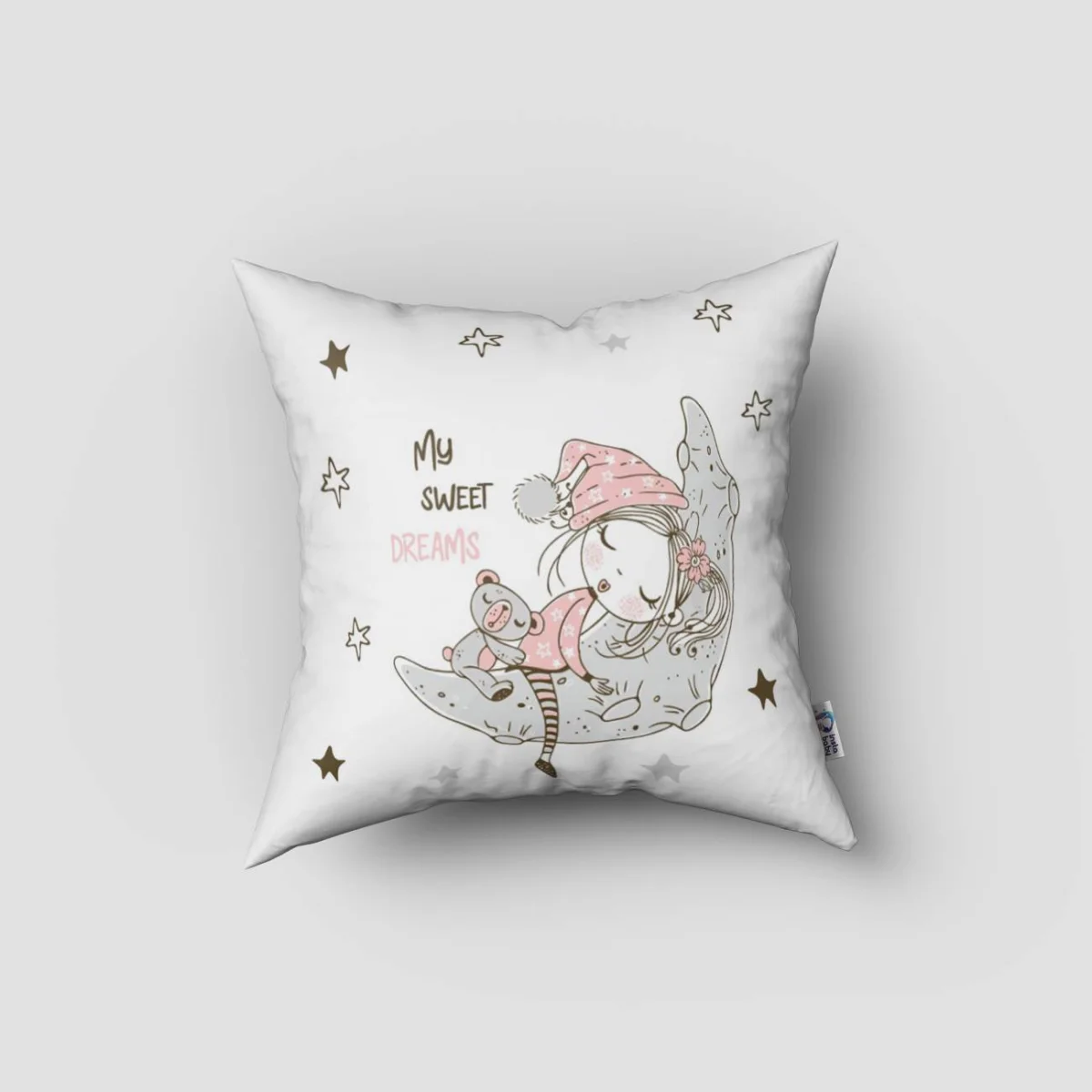 Uyuyan kız ve ay Kırlent Kılıfı | Beyaz yıldızlar, ay Desenli