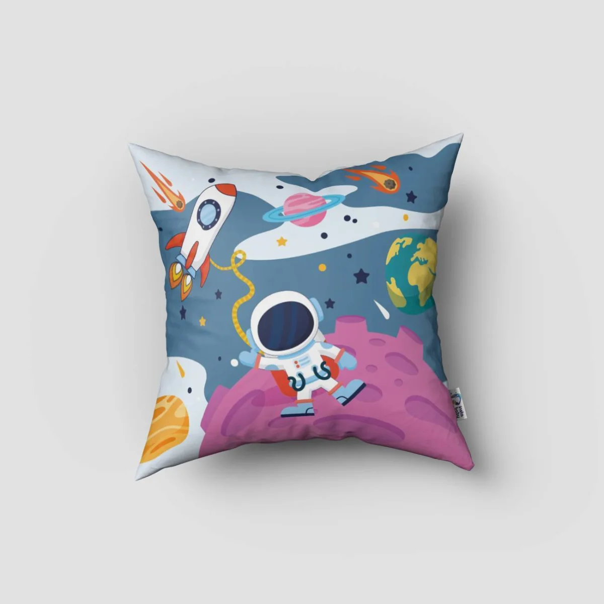 Uzay Kırlent Kılıfı | Açık Mavi Astronot, roket Desenli