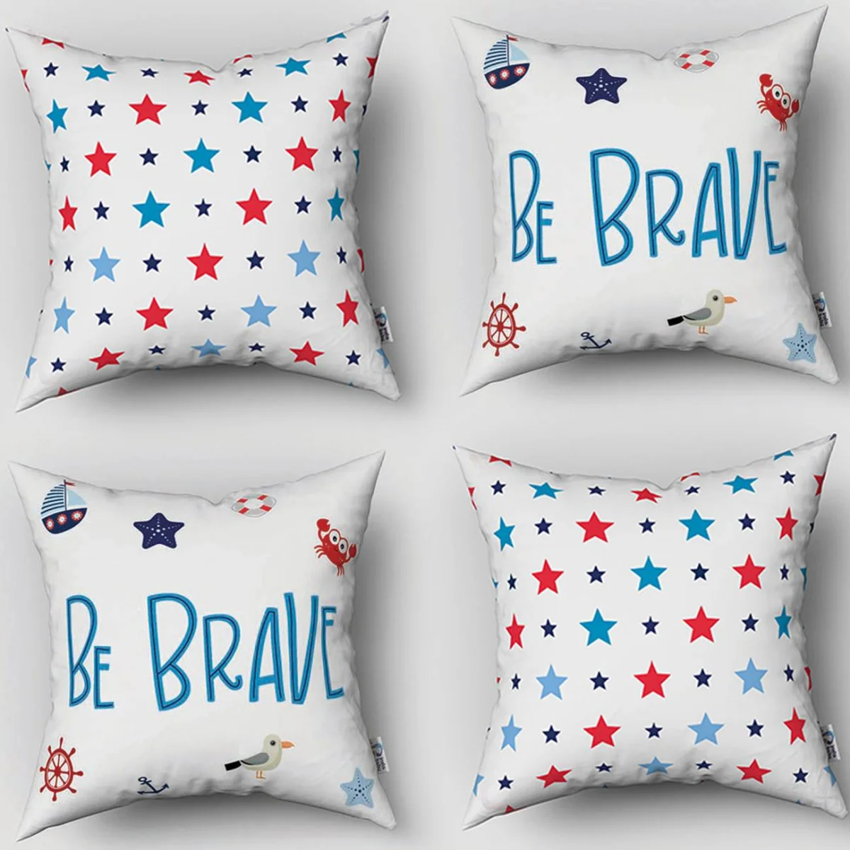 Korsan Temalı Rakun 4lü Kırlent | Beyaz gemici direksiyonu, çapa Desenli