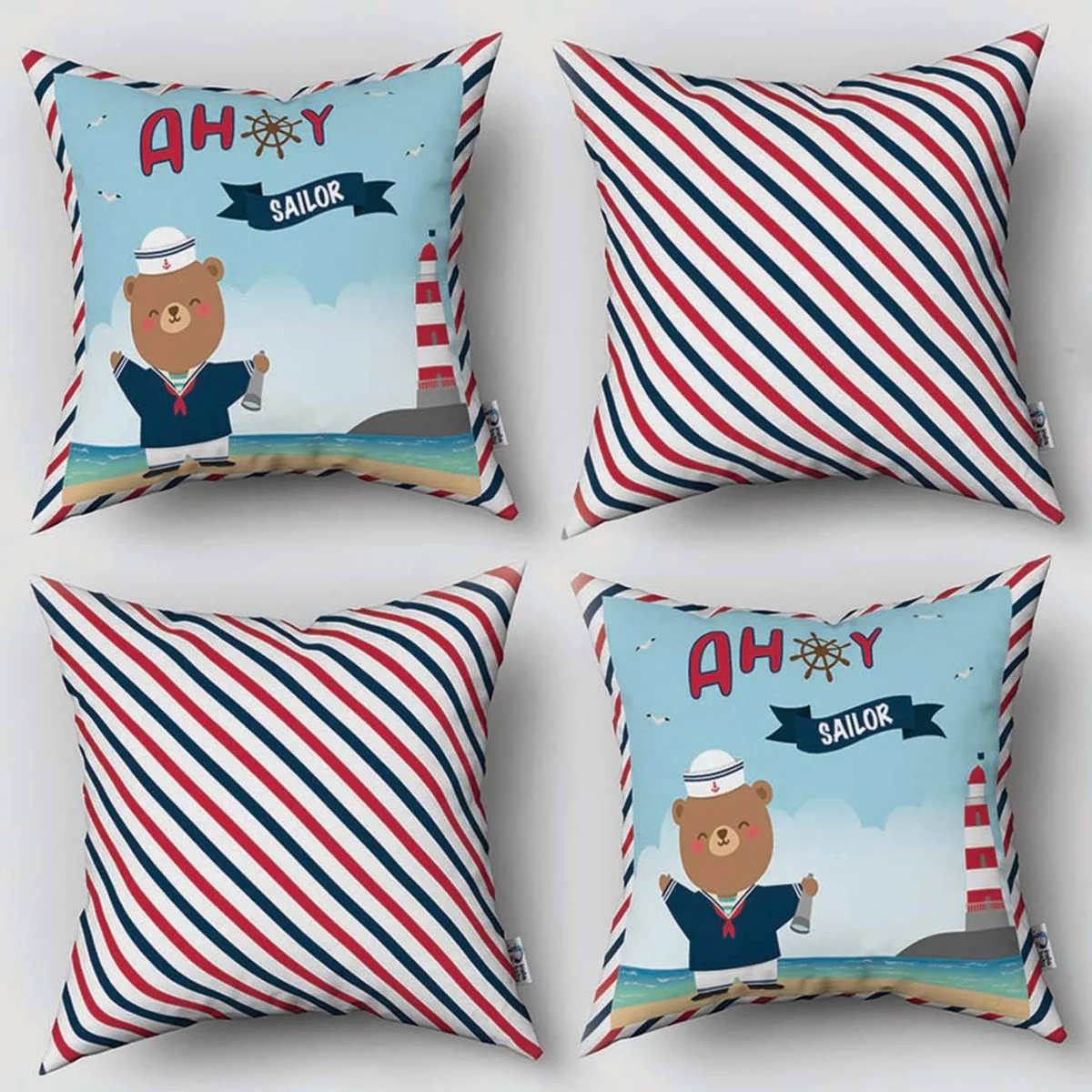 Denizcilik 4lü Kırlent | Açık Mavi yelkenli, martı Desenli