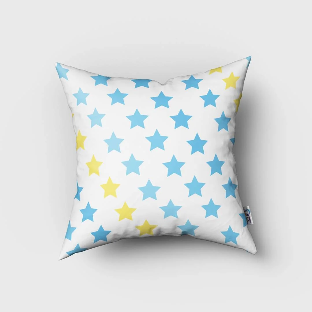 Yıldızlar Kırlent Kılıfı | Beyaz Mavi ve sarı yıldızlar Desenli