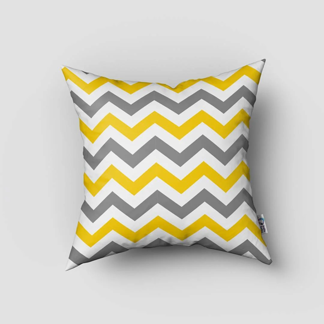 Şevron Kırlent Kılıfı | Sarı, Gri, Beyaz Zig-zag çizgili Desenli