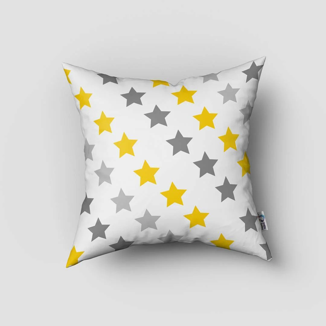 Yıldız Kırlent Kılıfı | Beyaz sarı ve gri yıldızlar Desenli