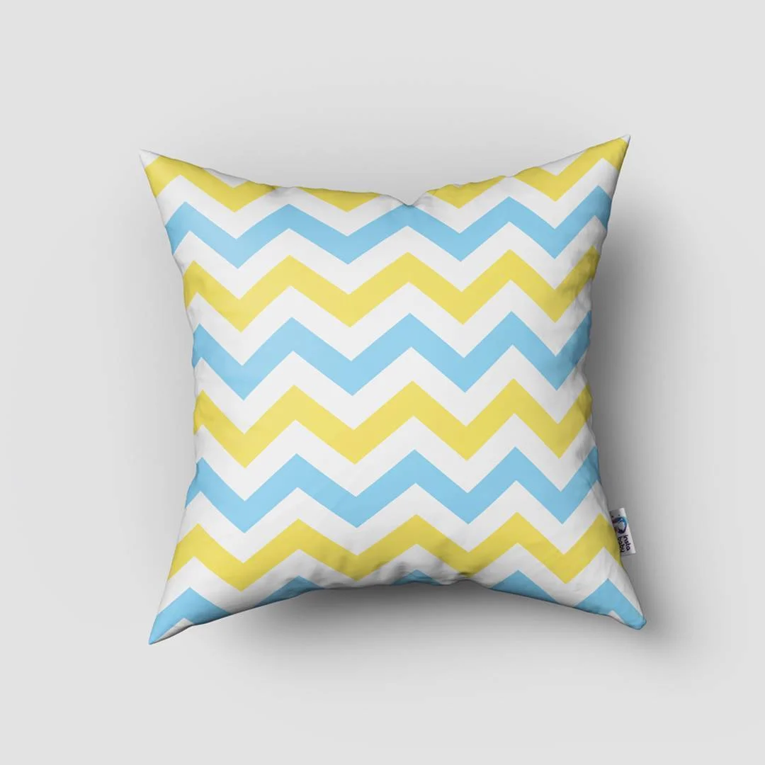 Geometrik Kırlent Kılıfı | Mavi, Sarı Zigzag desen Desenli