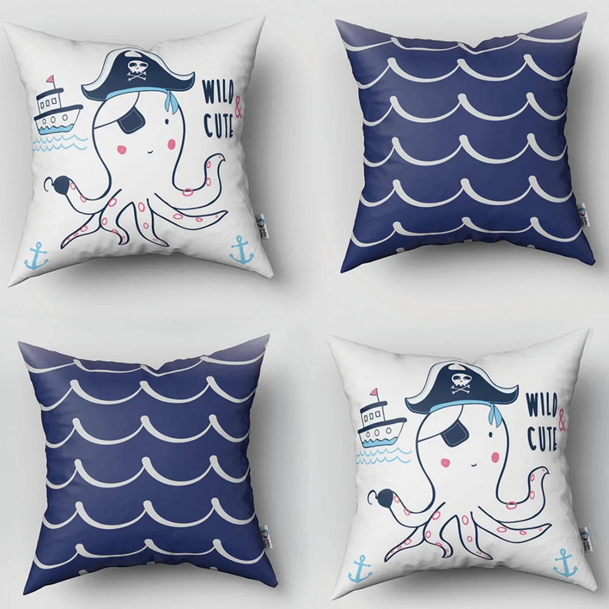 Korsan 4lü Kırlent | Beyaz Gemiler, ahtapot Desenli