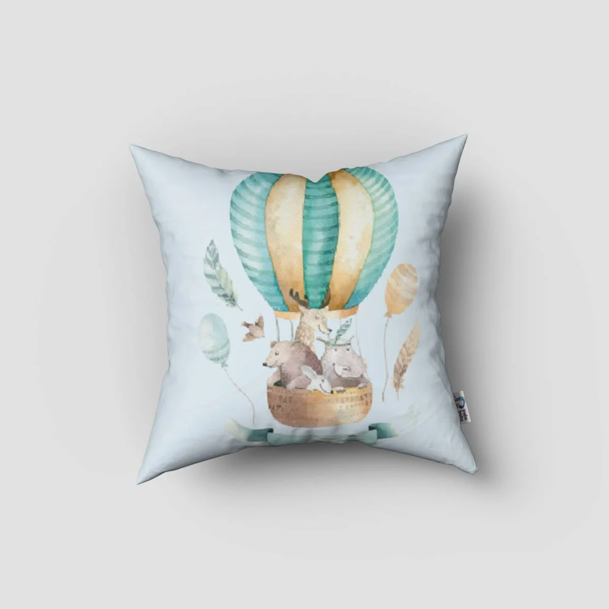 Orman Hayvanları Kırlent Kılıfı | Mavi Sıcak hava balonu, tüyler Desenli