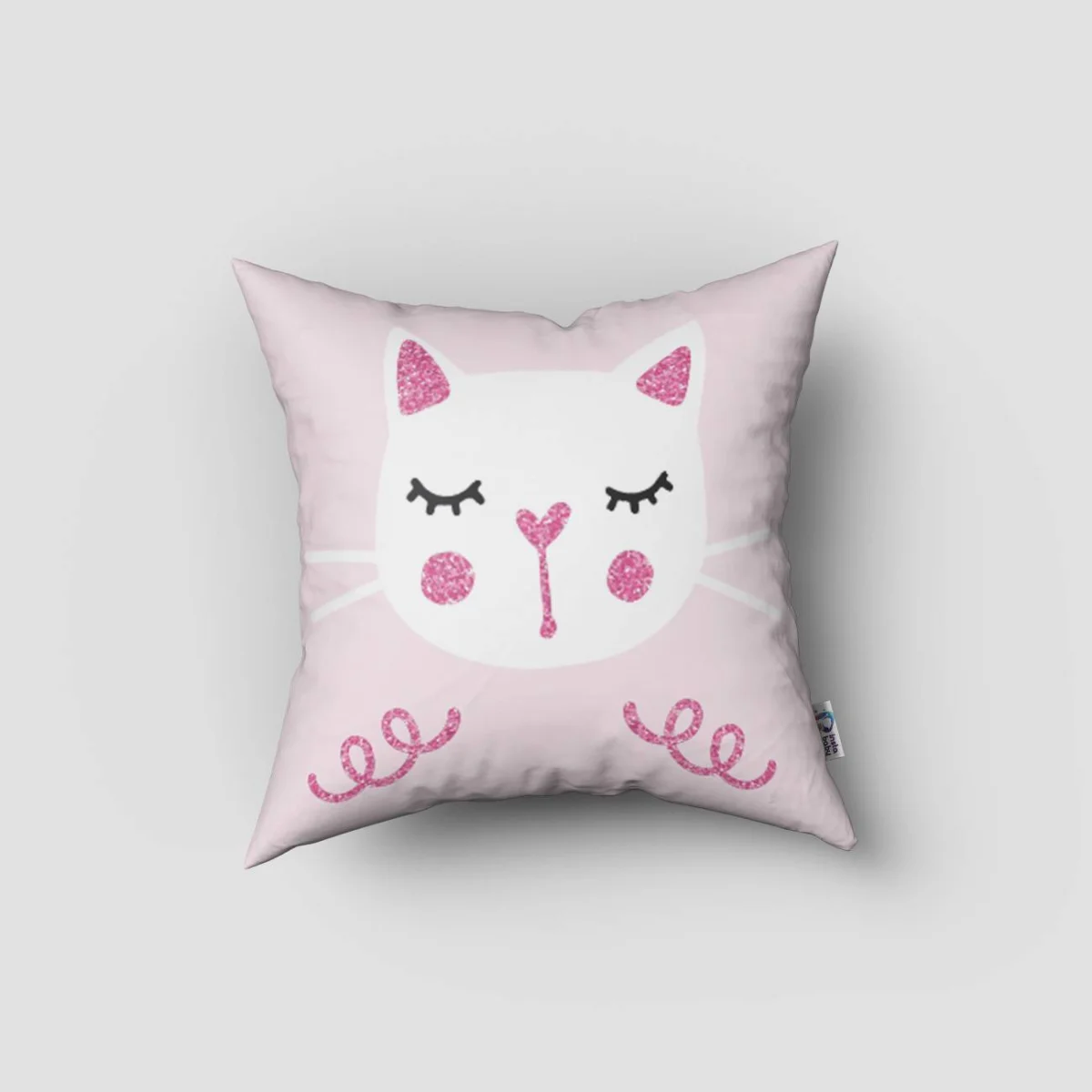 Kedi Kırlent Kılıfı | Pembe simli detaylar, çiçekler Desenli