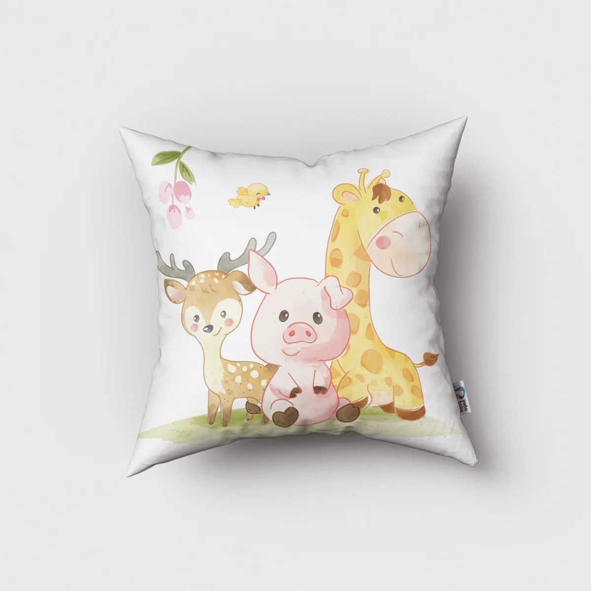 Orman Hayvanları Kırlent Kılıfı | Beyaz çiçekler, yapraklar Desenli