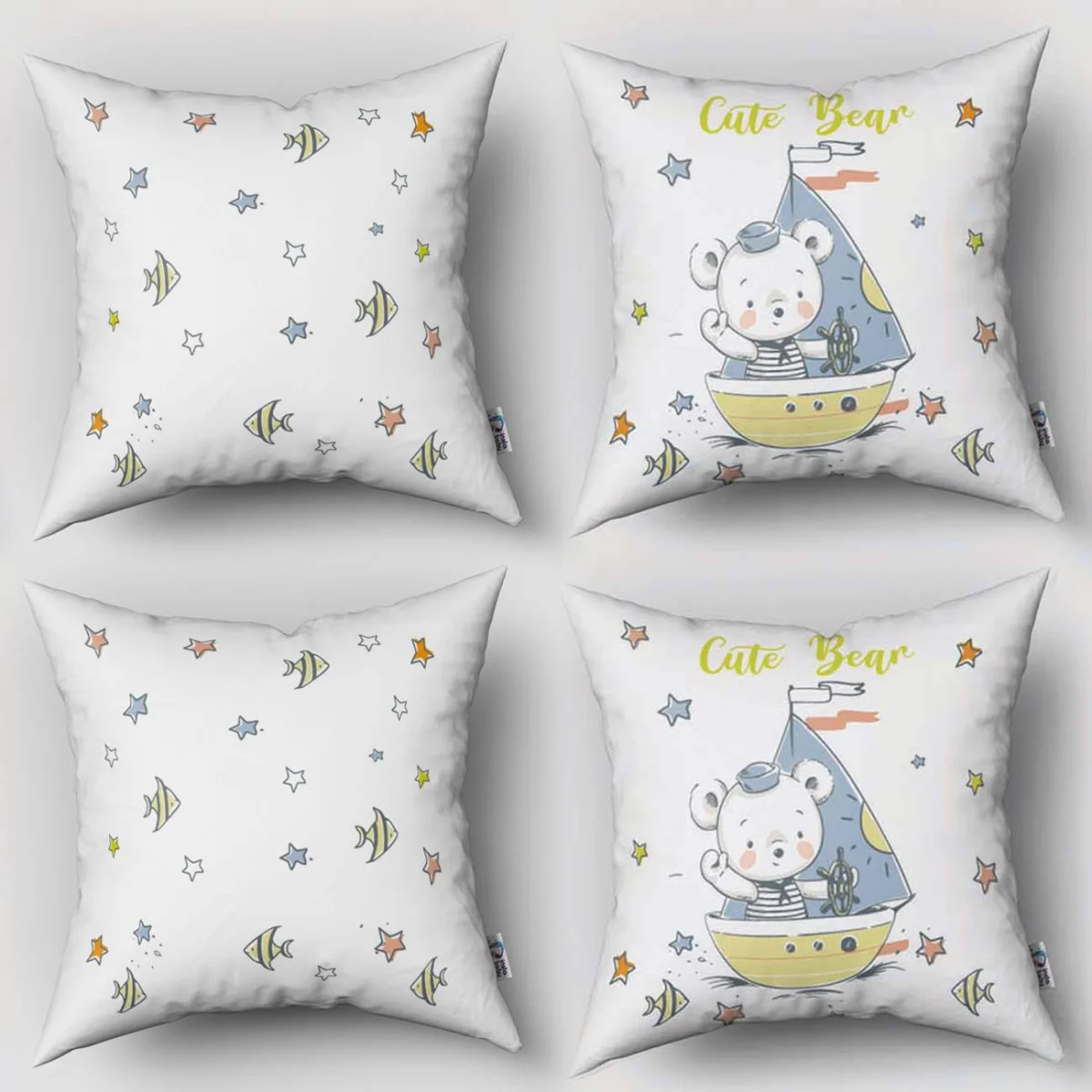 Denizci Ayı 4lü Kırlent | Beyaz yıldızlar, balıklar Desenli