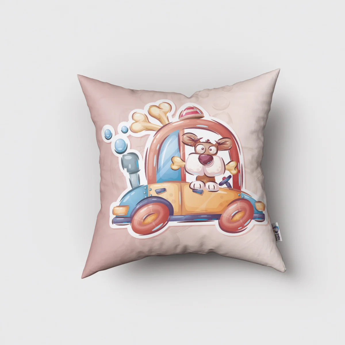 Köpek ve Araba Kırlent Kılıfı | Bej Kemik, yazı ve soyut desenler Desenli