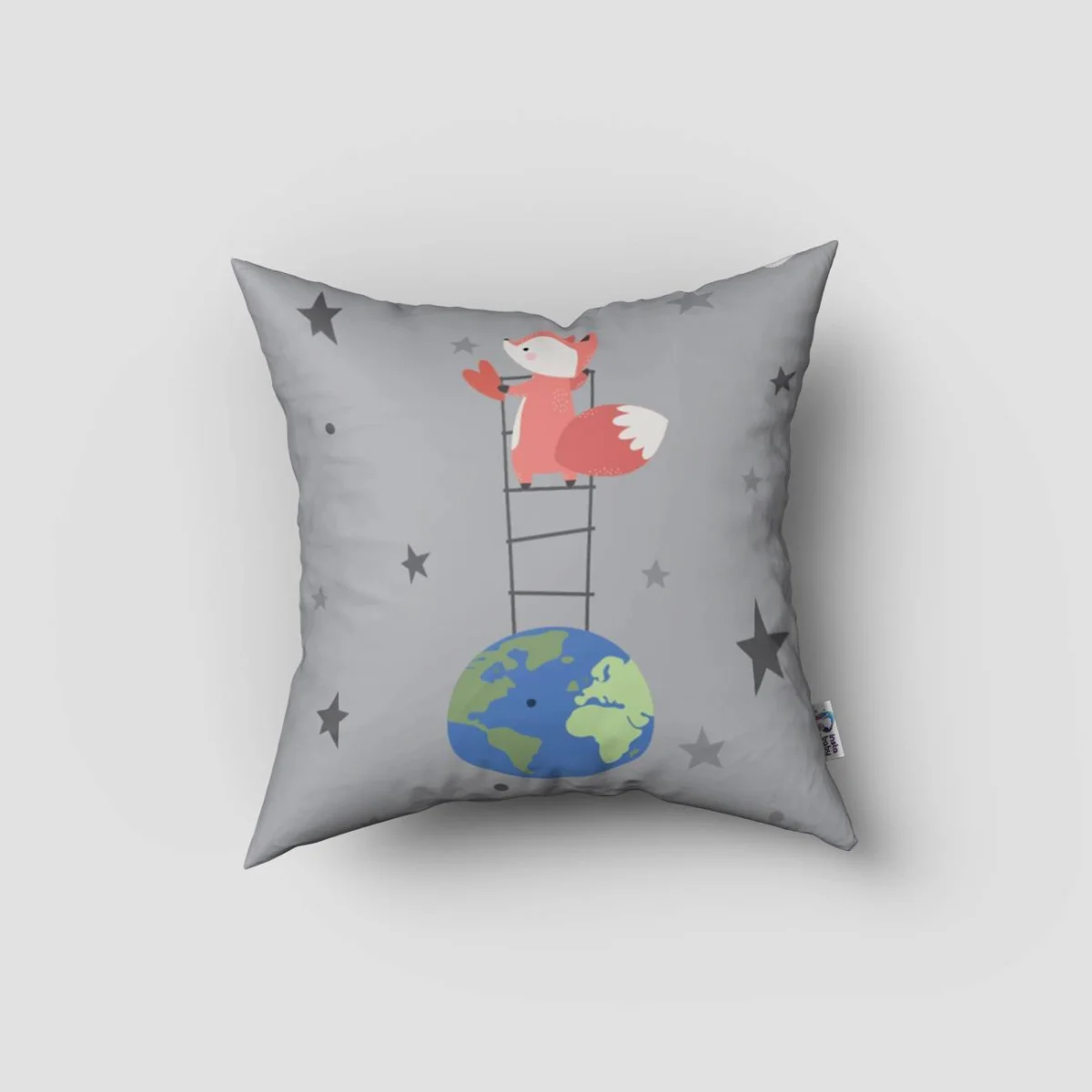 Uzay, Tilki Kırlent Kılıfı | Gri Yıldızlar, dünya Desenli