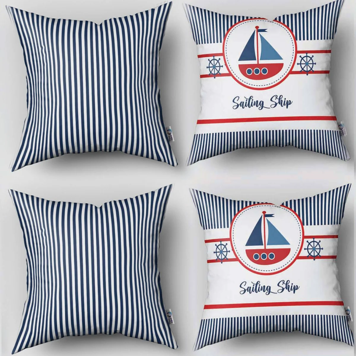 Yelkenli Gemi 4lü Kırlent | Beyaz yelkenli gemi, gemi dümeni Desenli