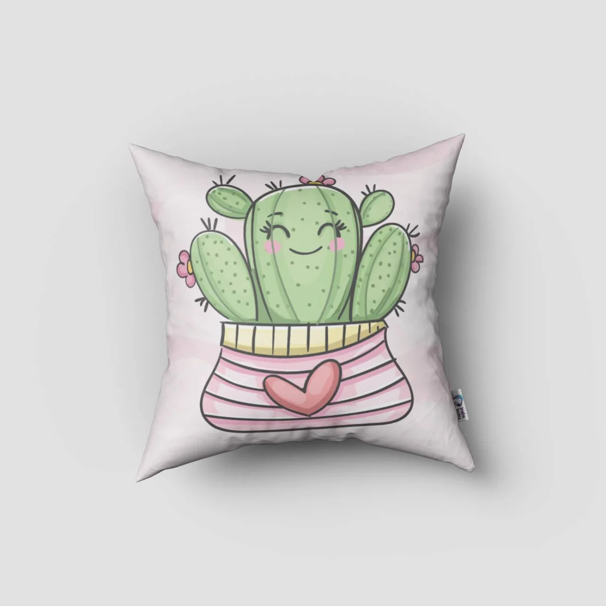 Kaktüs Kırlent Kılıfı | Beyaz pembe çizgili saksı, kalp Desenli