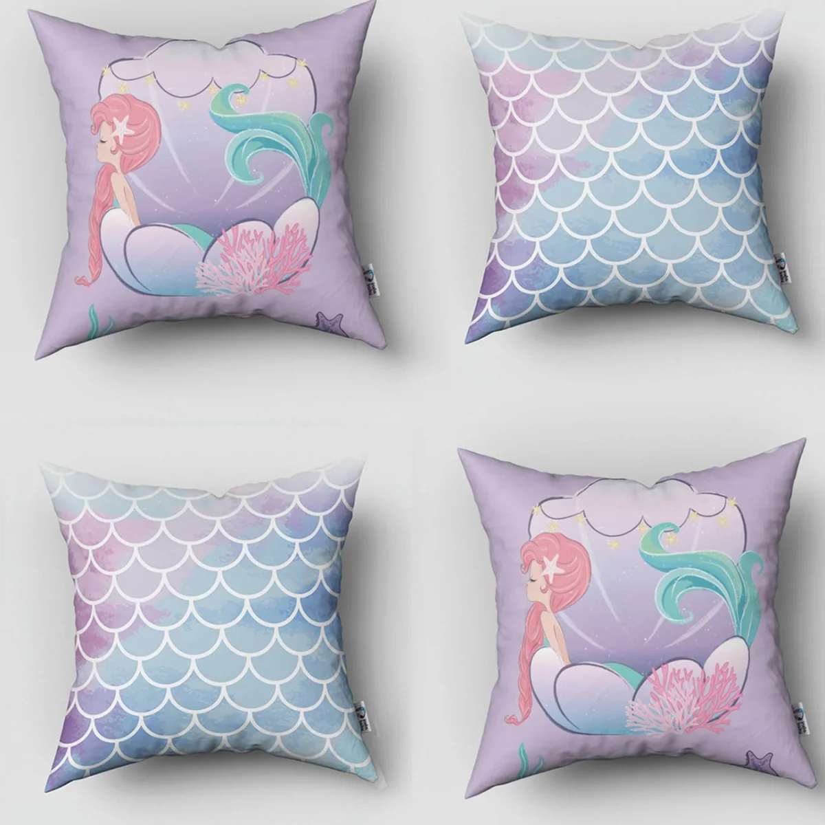 Deniz Kızı 4lü Kırlent | Mor deniz atı, bulut Desenli