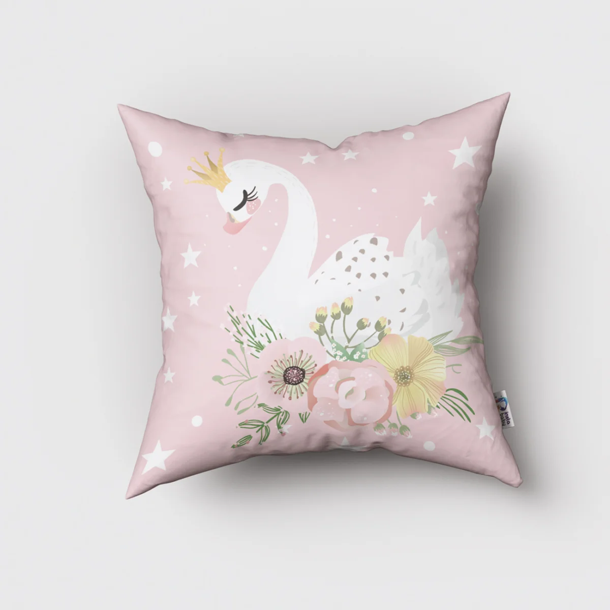 Kuğu Kırlent Kılıfı | Pembe yıldız, puantiye Desenli