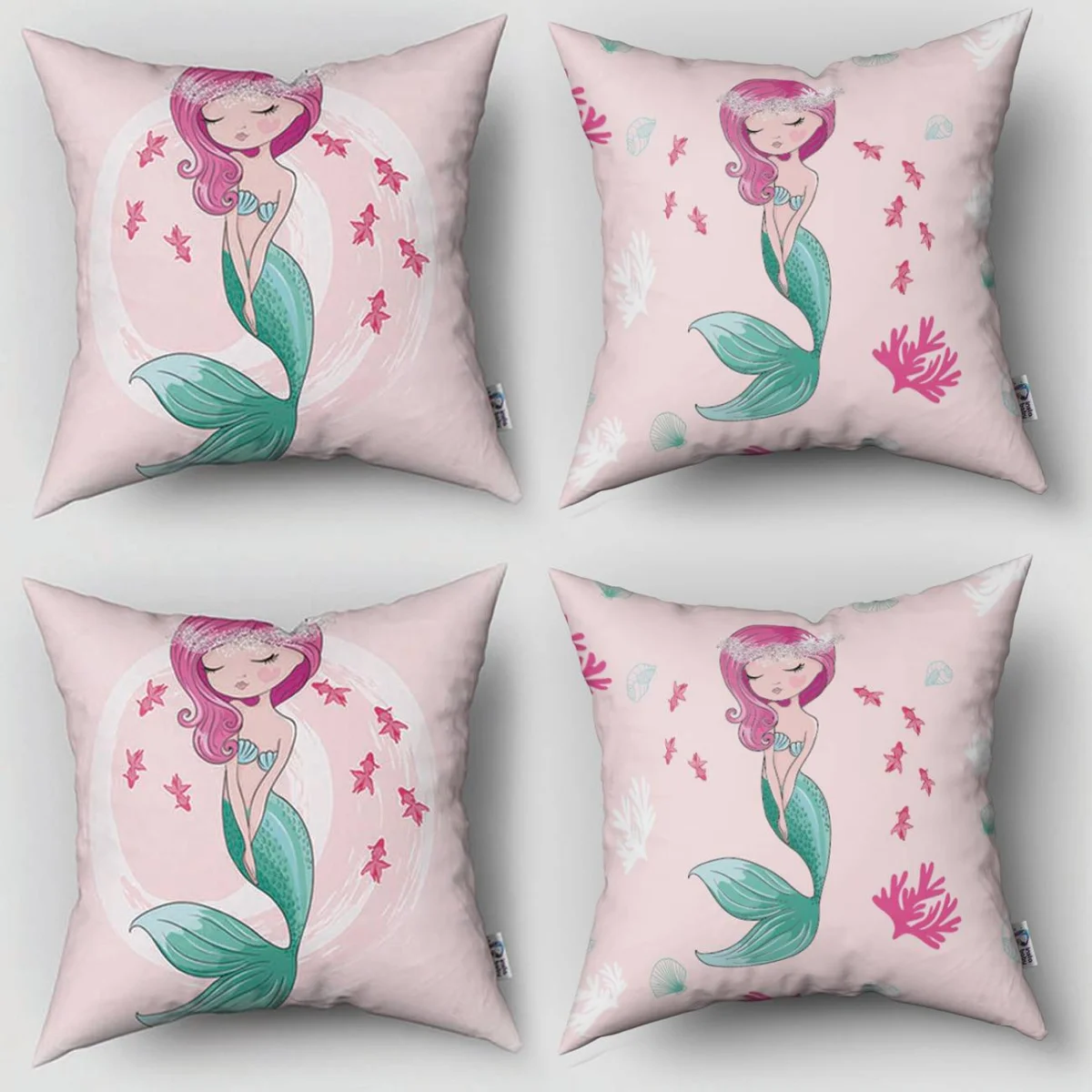 Deniz Kızı 4lü Kırlent | Pembe küçük pembe balıklar, mercanlar Desenli