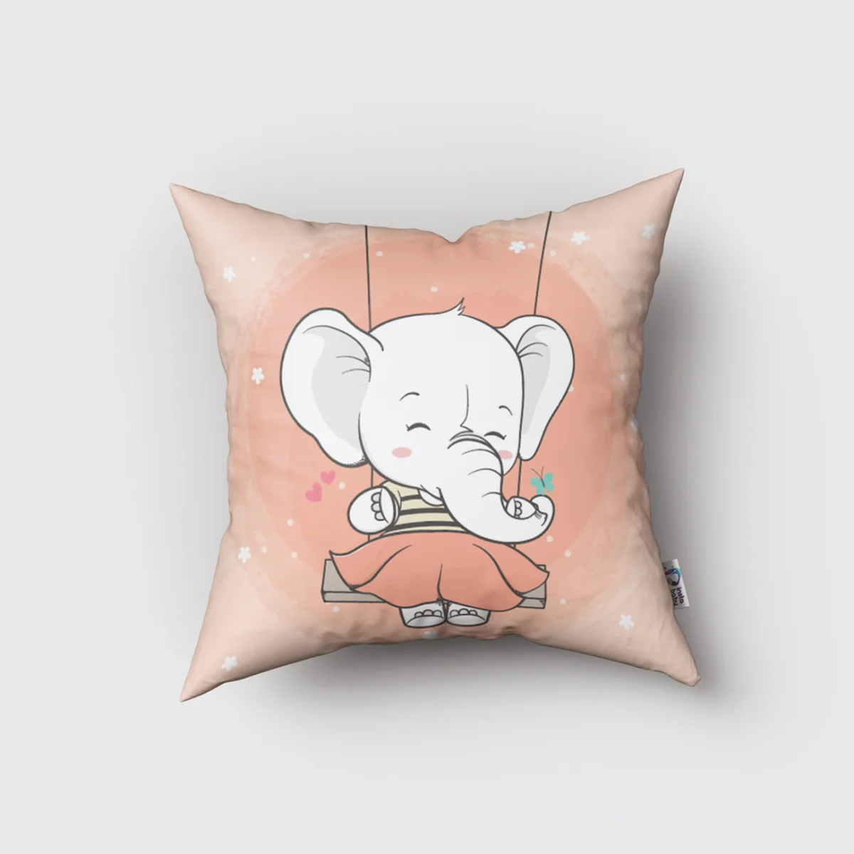 Fil Kırlent Kılıfı | Pembe Çiçekler, kalpler Desenli