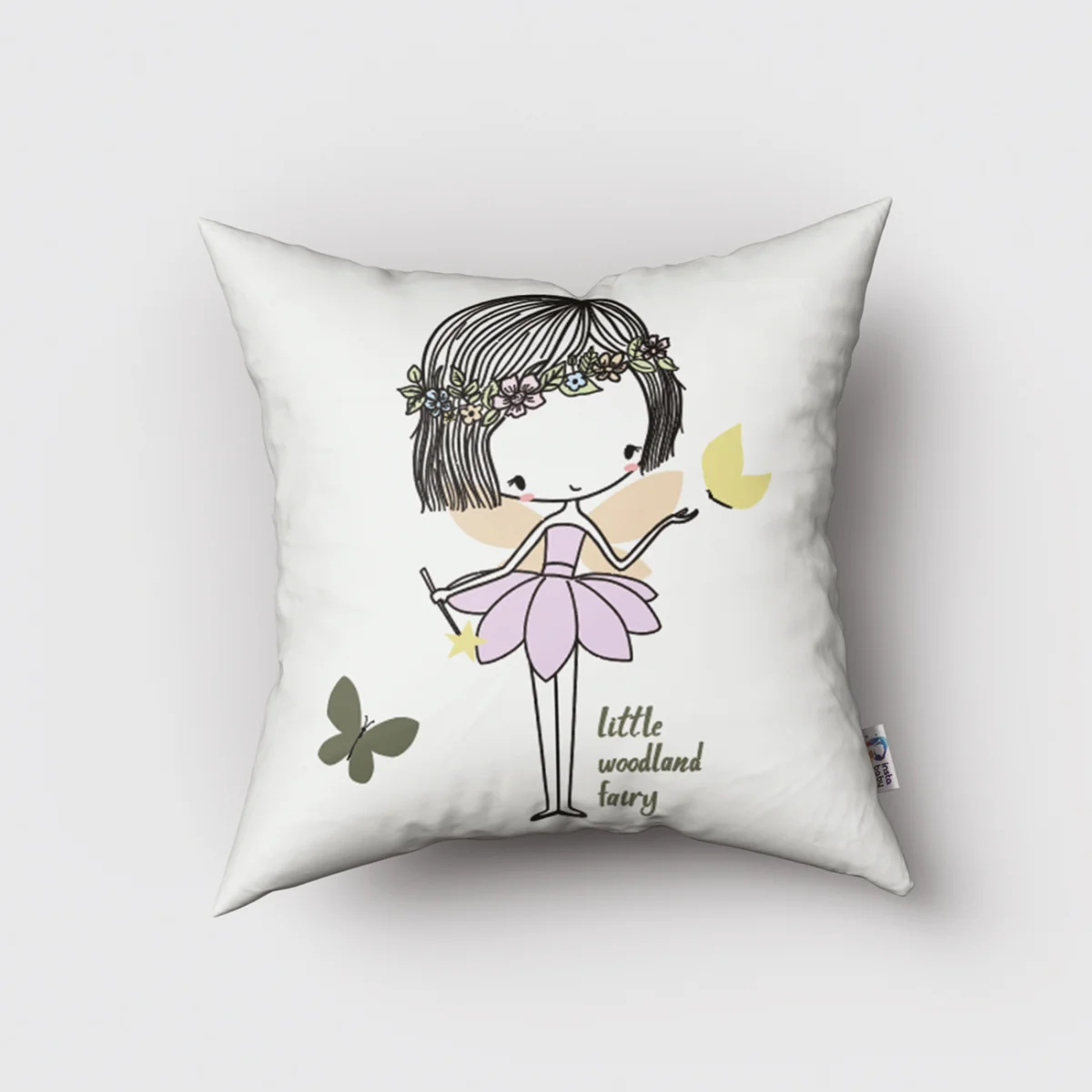 Peri Kırlent Kılıfı | Beyaz Kelebekler ve 'little woodland fairy' yazısı Desenli