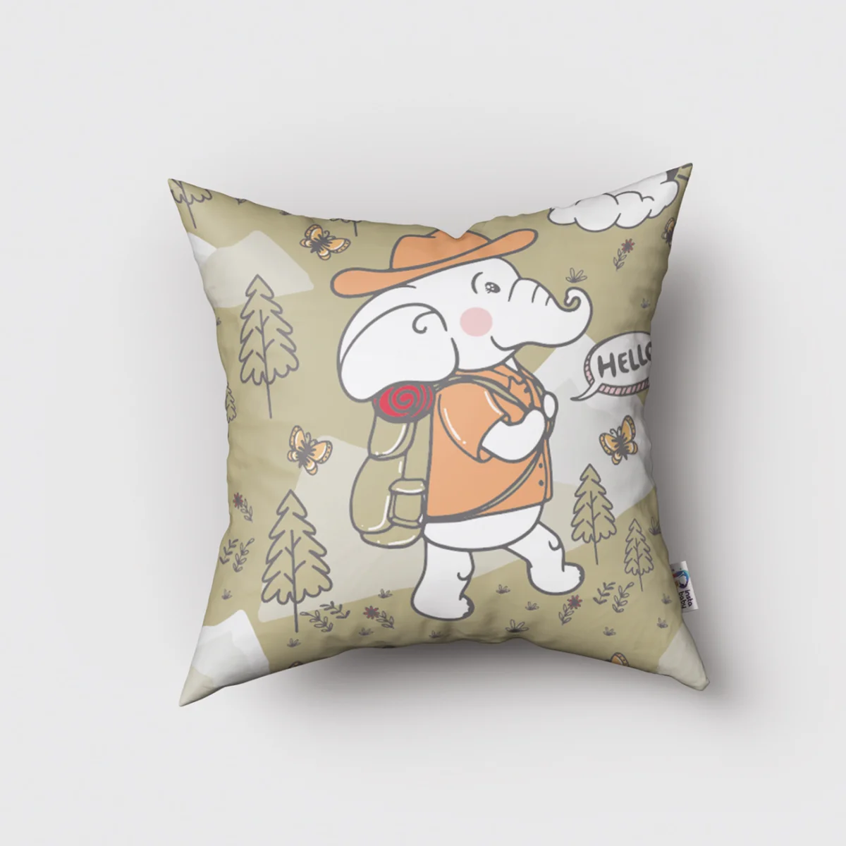 Maceracı Fil Kırlent Kılıfı | Haki dağlar, ağaçlar Desenli