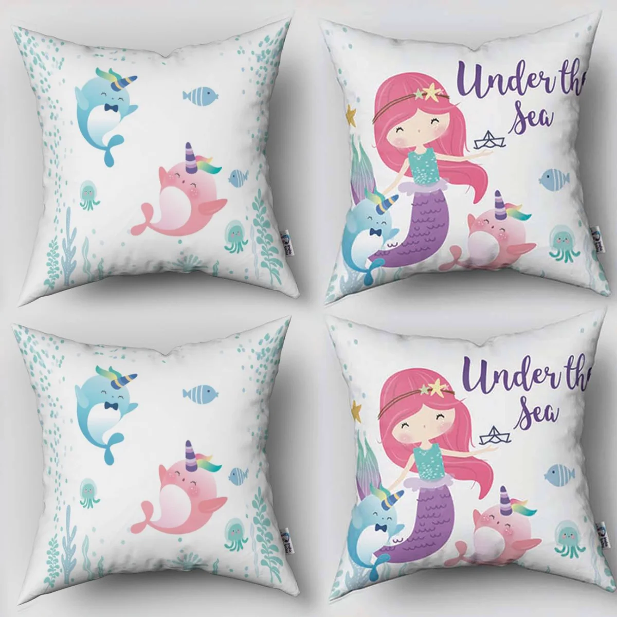 Deniz Kızı ve Deniz Altı 4lü Kırlent | Beyaz Deniz kızı, narval Desenli