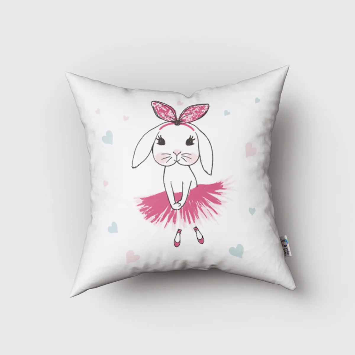 Balerin Tavşan Kırlent Kılıfı | Beyaz Pembe ve mavi kalpler Desenli
