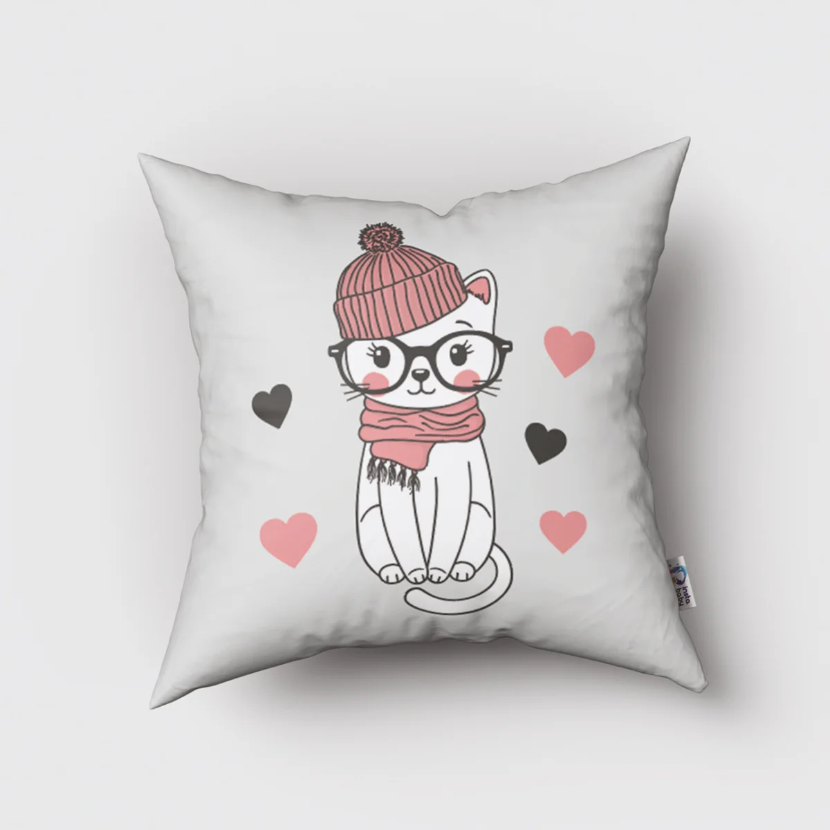 Kedi Kırlent Kılıfı | Beyaz Kalpler, Girls Rule yazısı Desenli