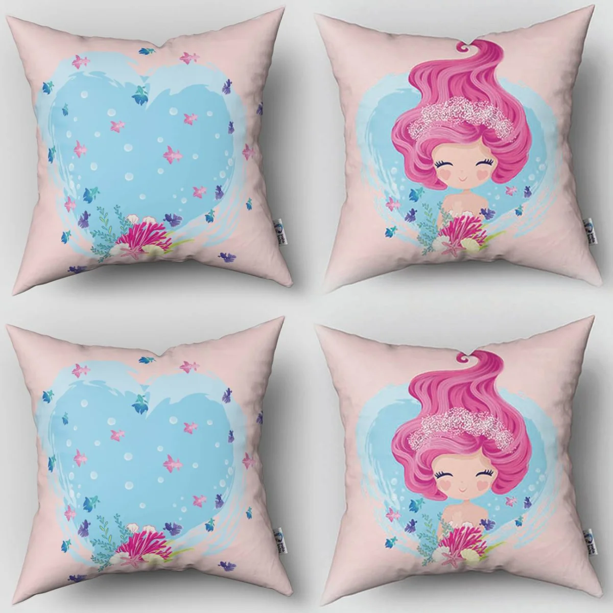 Deniz Kızı 4lü Kırlent | Pembe Mercan, deniz kabukları Desenli