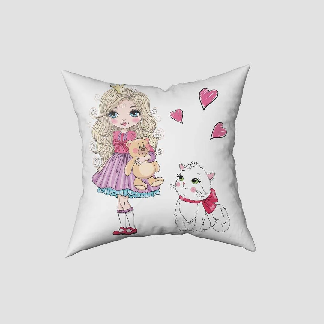 Prenses Kırlent Kılıfı | Beyaz yıldızlar, kalpler Desenli