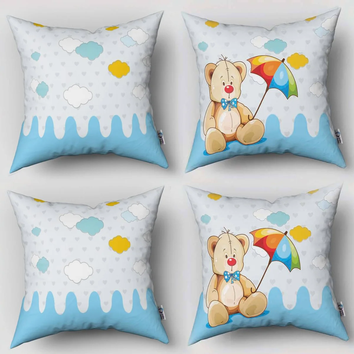 Ayıcık 4lü Kırlent | Açık mavi Kalpler, bulutlar Desenli