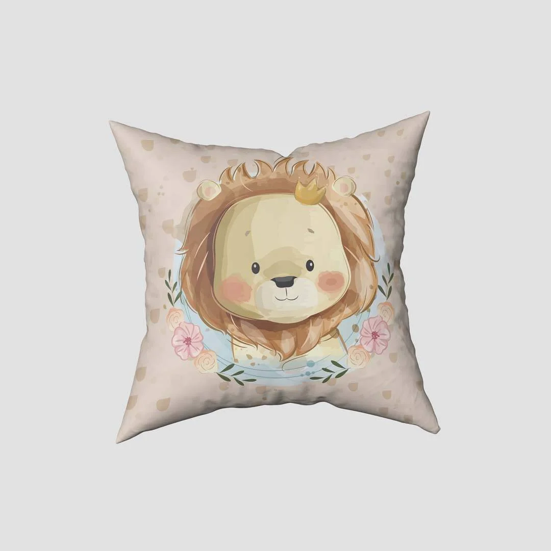 Orman Hayvanları Kırlent Kılıfı | Bej kalpler, çiçekler Desenli