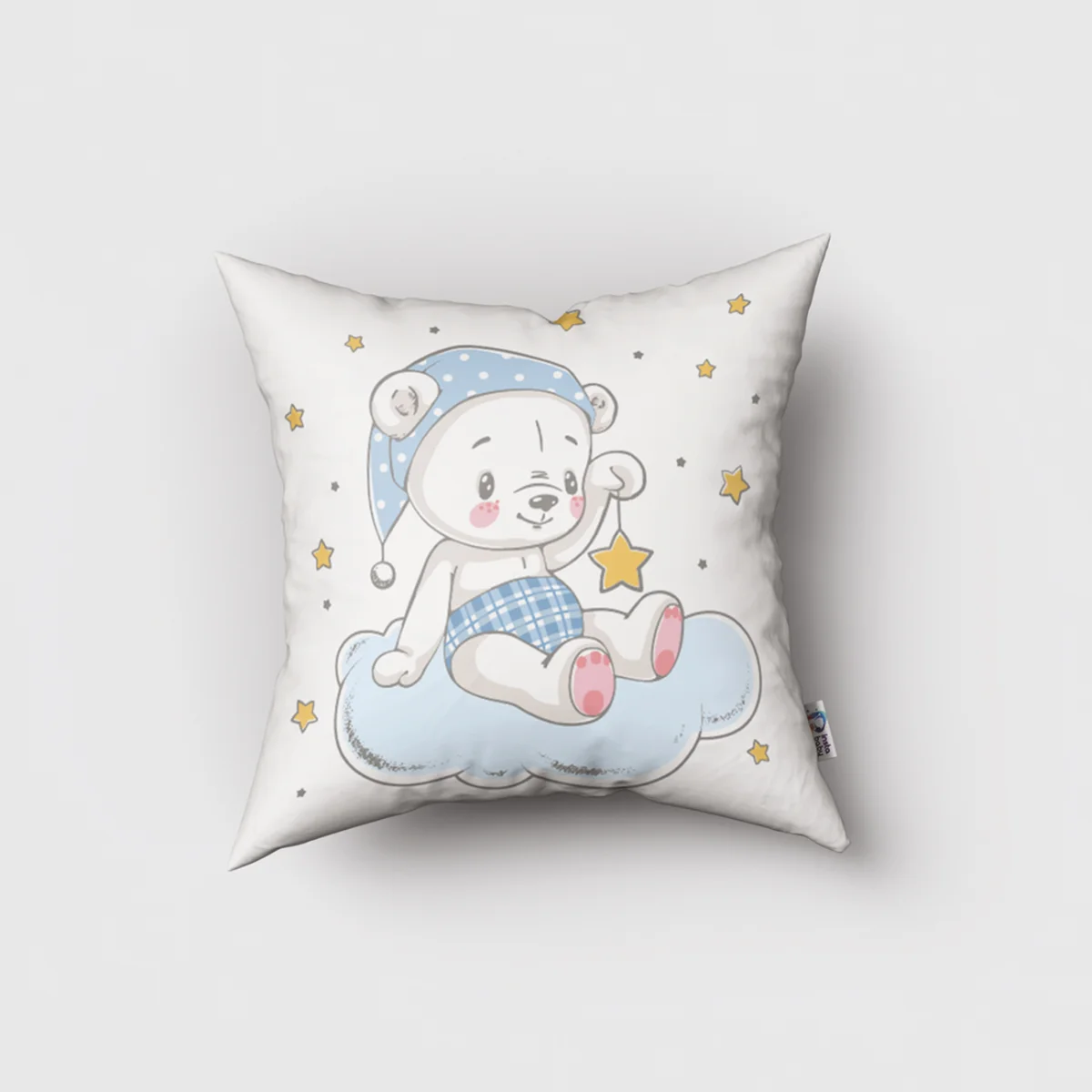 Ayı Kırlent Kılıfı | Beyaz yıldızlar, bulut Desenli