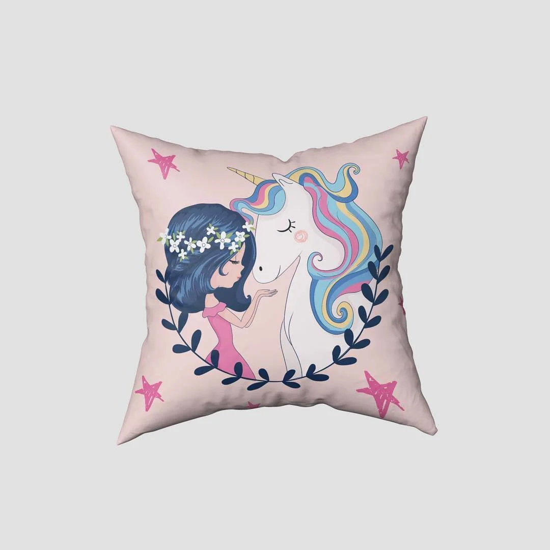 Unicorn Kırlent Kılıfı | Pembe yıldız, çiçekler Desenli