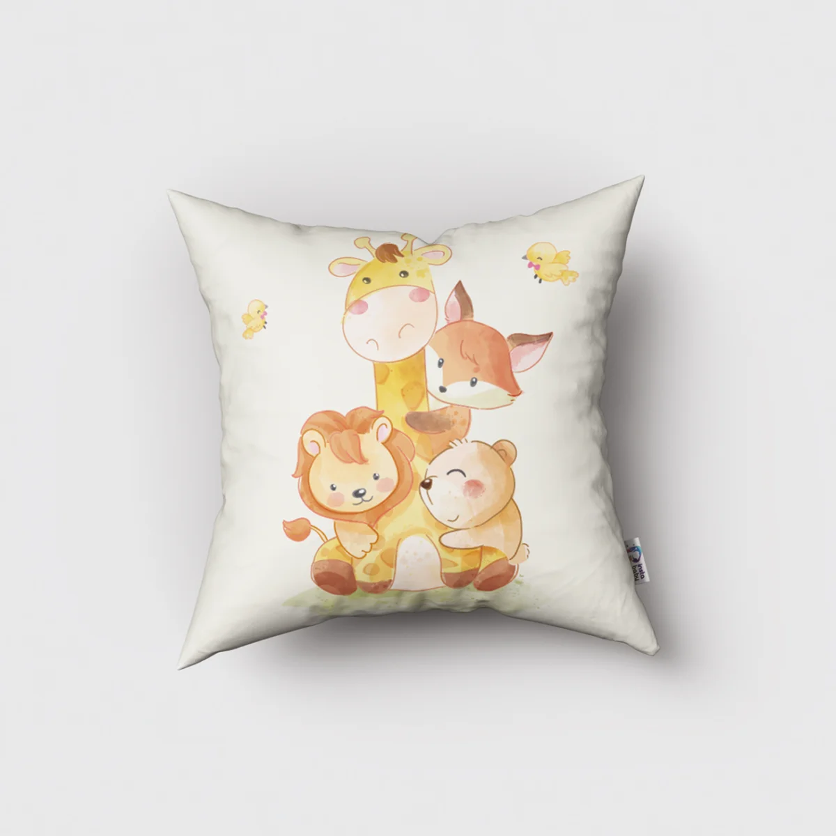 Orman Hayvanları Kırlent Kılıfı | Beyaz küçük kuşlar, yapraklar Desenli