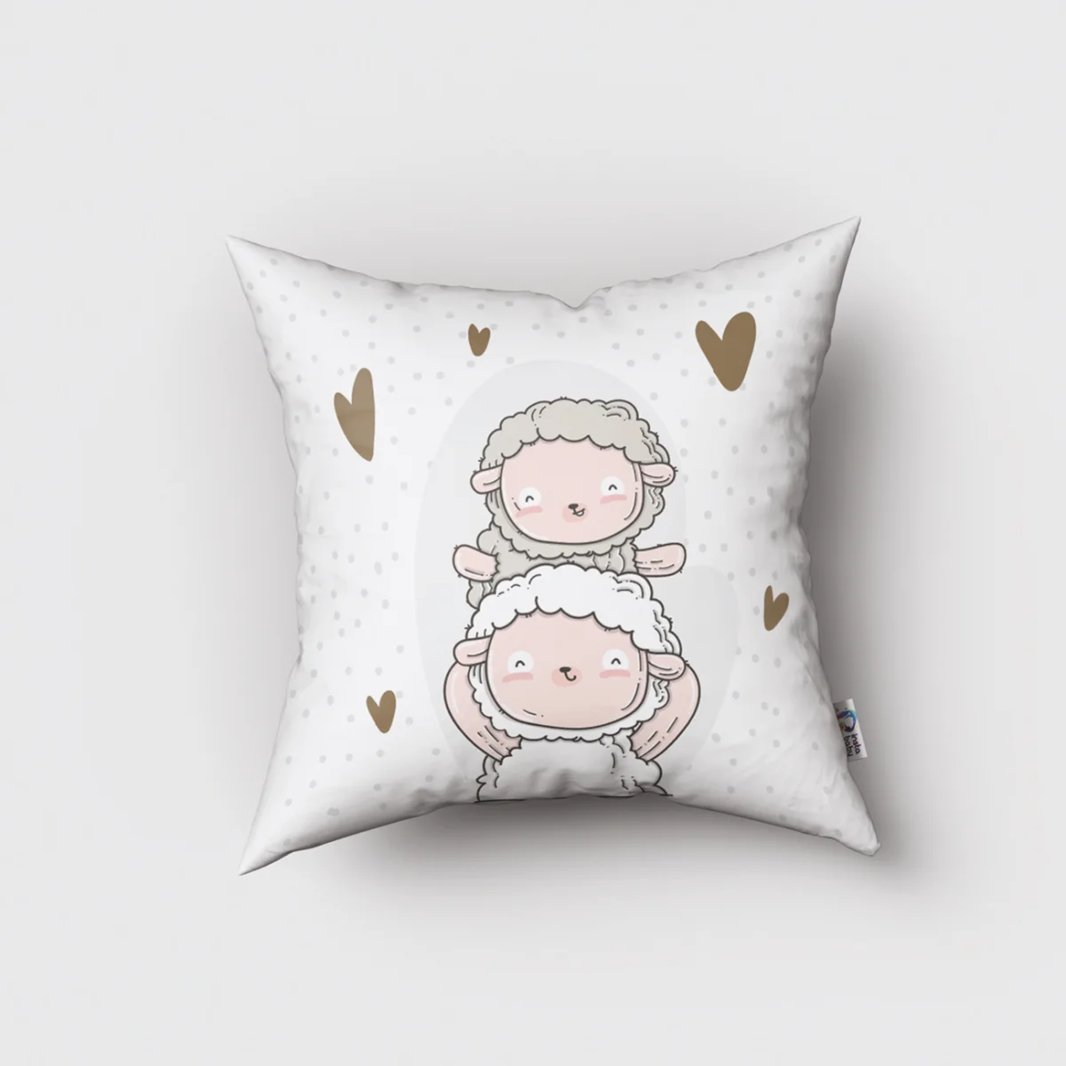 Koyunlar Kırlent Kılıfı | Beyaz puantiye, kalp Desenli