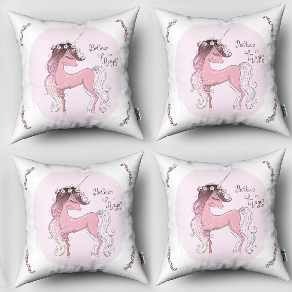 Unicorn 4lü Kırlent | Pembe Unicorn, çiçekler Desenli